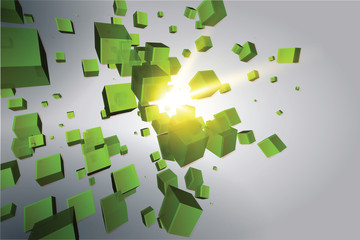 Vector illustration of the scattered in perspective cubes over glowing light source with rays of light. Background, template for web and print design appealing for abstract, futuristic theme.