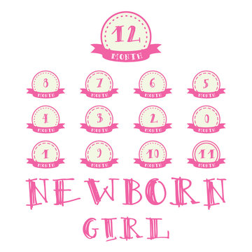 Monthly stickers with ribbon for photo. Girl labels for baby Happy Birthday design