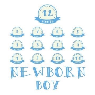Monthly stickers with ribbon for photo. Boy labels for baby Happy Birthday design