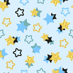 Glittering stars seamless pattern. Vector background with golden, black and blue stars.