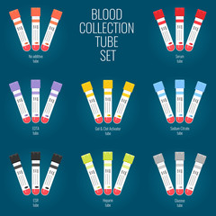 Test tube set for collecting blood. Kit of laboratory test tubes with various colored tops for different blood tests. Medical equipment isolated on blue. Medical concept. Vector illustration.



 - obrazy, fototapety, plakaty