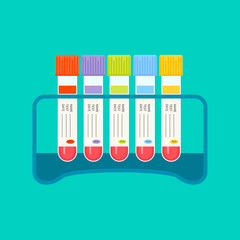 Set of a laboratory tube rack and blood test tubes with various colored tops for different hematologic studies. Vector illustration on green background. Medical concept. 
