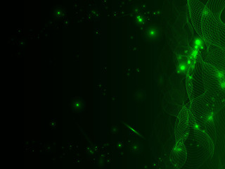 Black and green neon abstract background with intertwined lines on the right of the picture