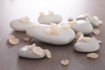 Fototapeta na wymiar Spa stones with petals on grey background
