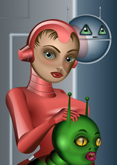 Girl with a science fiction costume in a metallic room with a spherical robot and an alien pet © uklanor