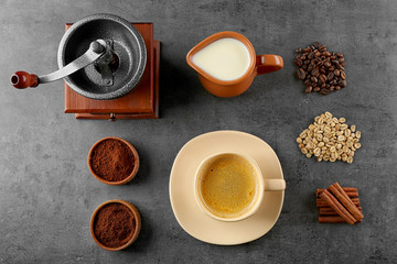 Things for preparing coffee on grey background