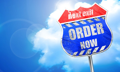 Order now sign, 3D rendering, blue street sign