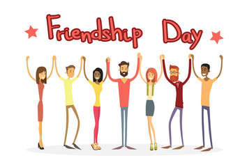 Young People Group Holding Hands Friendship Day Banner