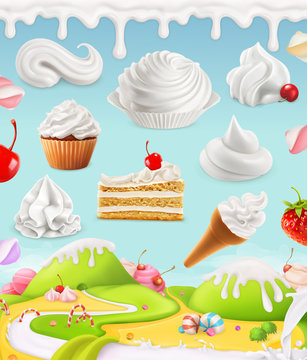 Whipped cream, milk, cream, ice cream, cake, cupcake, candy, mesh illustration