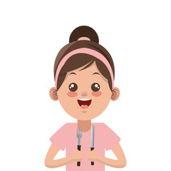 flat design happy little girl holdign fork and knife icon vector illustration