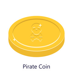 Pirate coin gold vector illustration. Skull sign on golden coin. Piece of money.
