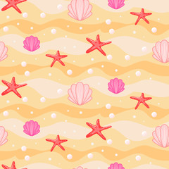 Sandbed cartoon seamless vector pattern. Pink shells, pearls and red starfish on sand background. Underwater cartoon life.