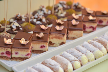 Vanilla cream and raspberry cakes with chocolate topping and can