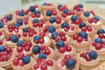 Mini tarts with vanilla cream, blueberries and redcurrants