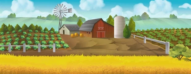 Gardinen Farm. Panorama landscape, Vector background © Natis