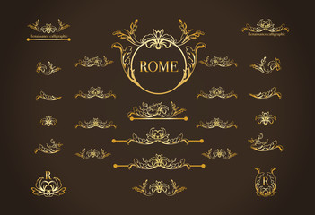 Vector set of italian calligraphic design elements for page decor, dividers and ornate headpieces,vintage underscore,underline.