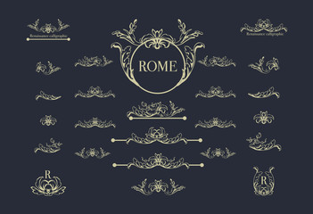 Vector set of italian calligraphic design elements for page decor, dividers and ornate headpieces,vintage underscore,underline.