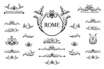 Vector set of calligraphic design elements, page decor, dividers and ornate headpieces. - 117101765