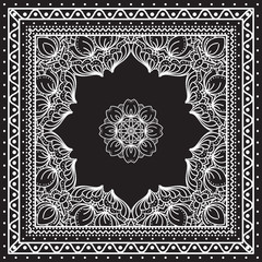 Black and white Bandana print design with borders for fashion textile.
