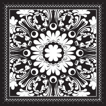 Black and white Bandana print design with borders for fashion textile.