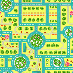 Map of a top view from the city. Road and trees seamless pattern