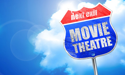 movie theatre, 3D rendering, blue street sign