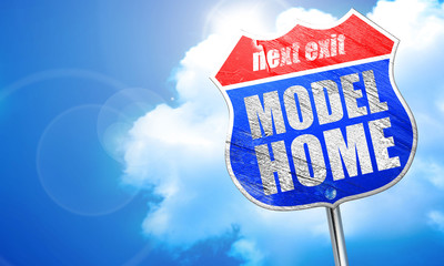 model home, 3D rendering, blue street sign