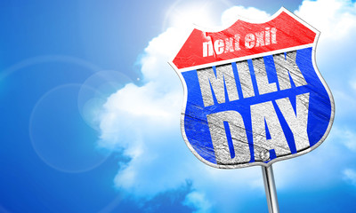 milk day, 3D rendering, blue street sign
