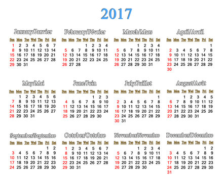 calendar for 2017 years on the white