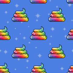 Shit Unicorn background. Magic turd ornament. Rainbow fable poop