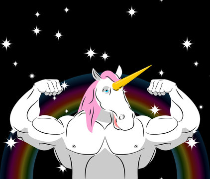 Unicorn Strong athlete. Magic pet bodybuilder with huge muscles.