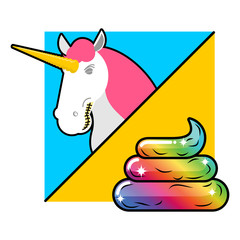 Unicorn on landscape. Turd unicorn. Rainbow of shit. Clouds and