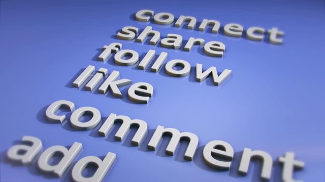 A list of Social Media actions: Connect, share, follow, like and add. Hand held style 3D animation.
