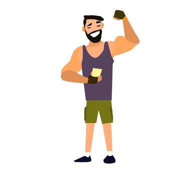 Muscular, bearded man smartphone vector illustration.