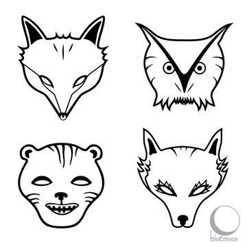 animal faces or masks, fox, owl, cougar and wolf logo or design in black and white