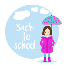 Cartoon girl character with umbrella. Back to school vector background