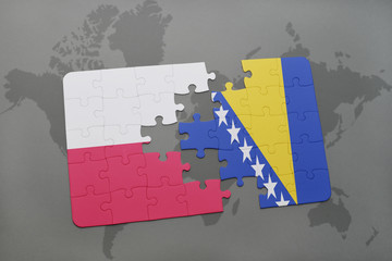 puzzle with the national flag of poland and bosnia and herzegovina on a world map background.