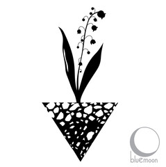 lily of the valley, symbol of happiness, growing in rocky soil, with triangle logo or design in black and white 