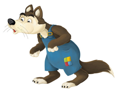 Fototapeta Cartoon happy and colorful wolf blowing - isolated - illustration for the children