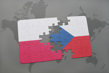 puzzle with the national flag of poland and czech republic on a world map background.