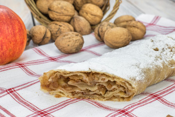 Detail on a Cut Sugared Homemade Apple Strudel