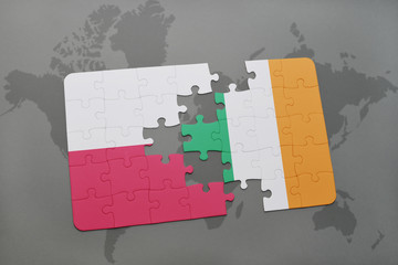 puzzle with the national flag of poland and ireland on a world map background.