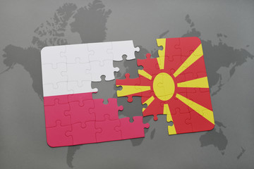 puzzle with the national flag of poland and macedonia on a world map background.