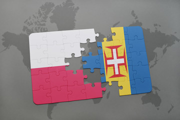 puzzle with the national flag of poland and madeira on a world map background.