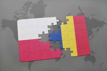 puzzle with the national flag of poland and romania on a world map background.