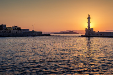 Fototapeta premium Chania, Crete, Greece: lighthouse in Venetian harbor