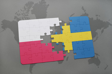 puzzle with the national flag of poland and sweden on a world map background.