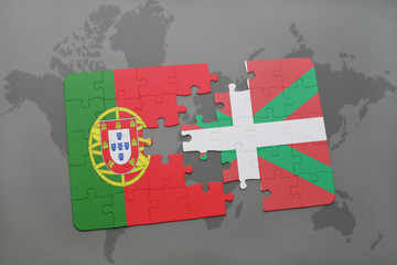 puzzle with the national flag of portugal and basque country on a world map background.