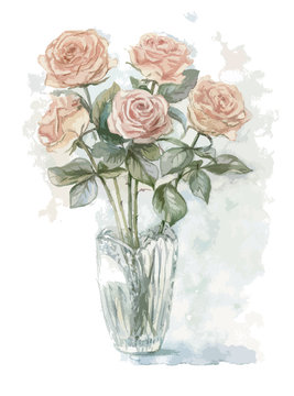 Vectorized watercolor painting with bouquet of cream roses in vase