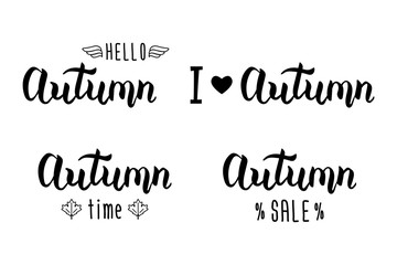 Autumn handlettering set. Autumn logos and emblems for invitation, greeting card, t-shirt, prints and posters. Hand drawn autumn inspiration phrase. Vector